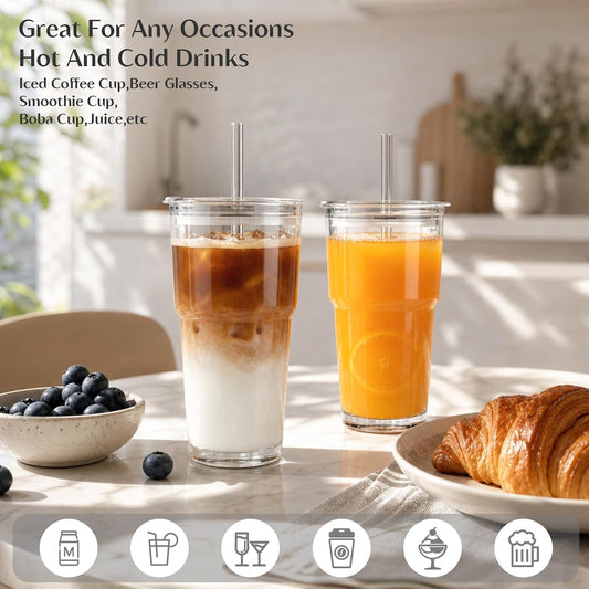 INSETLAN 20 oz Iced Coffee Cups with Lids and Straw, Set of 2 Glass Tumbler