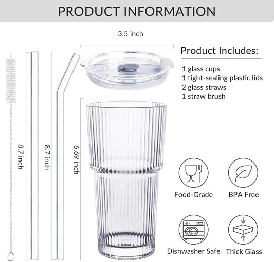 Puraville Glass Cups with Lids and Straws, 20oz, Ribbed Pattern