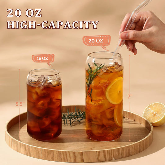 VITEVER 20 OZ Glass Cups with Bamboo Lids and Glass Straw - Beer Shaped Drinking Glasses Set, Iced Coffee Glasses, Cute Tumbler Cup, Aesthetic Coffee Bar Accessories, Gift - 2 Pack