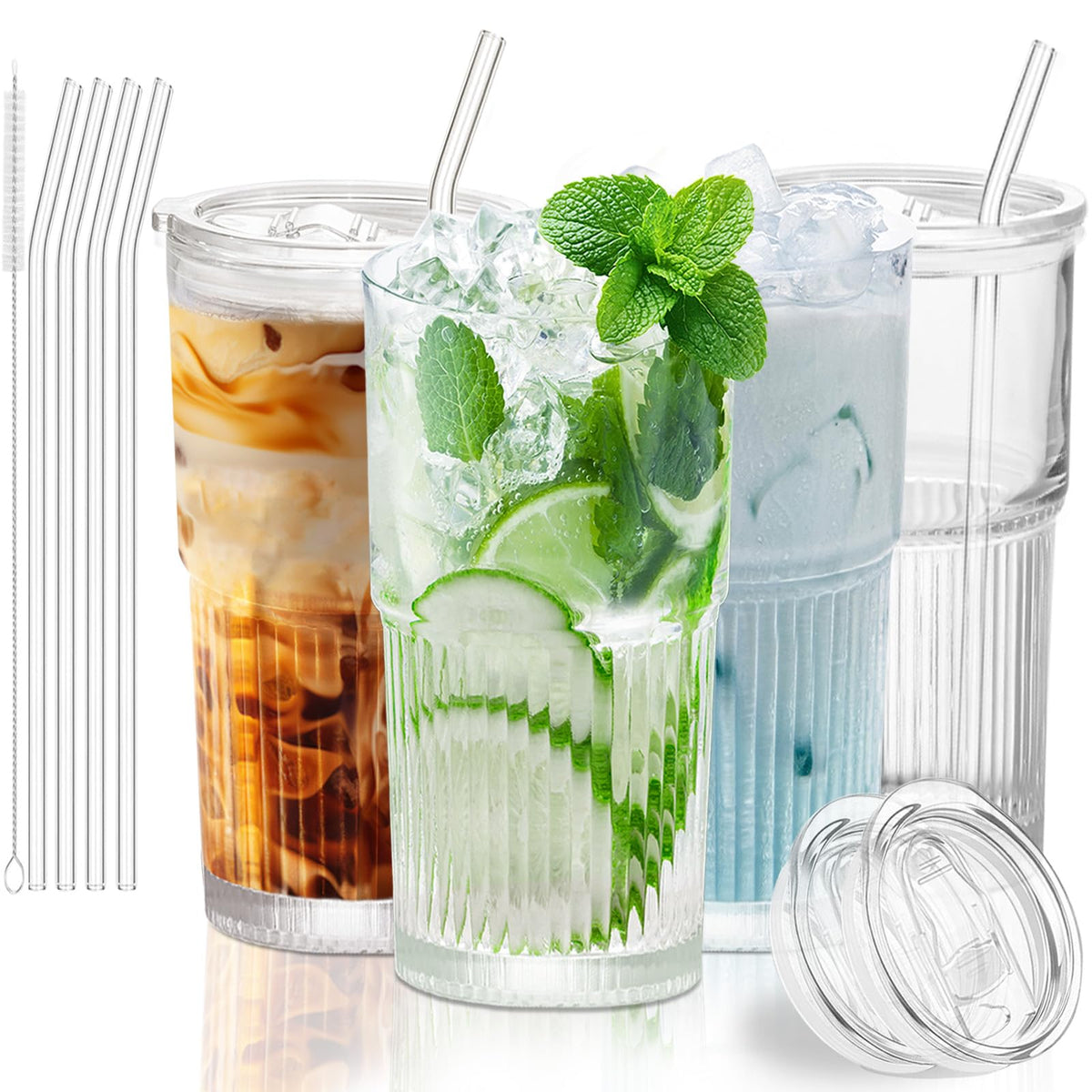 Luiaiog Glass Cups with Lids and Straws Set of 2, 18.6 oz Ribbed Drinking Glasses, Leakproof Glass Tumbler for Iced Coffee, Smoothie, Boba, Reusable Cups with Straw Brush, Dishwasher Safe