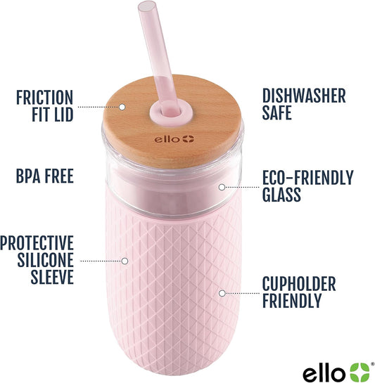 Ello Devon 18oz Glass Tumbler with Straw & Bamboo Lid for Iced Coffee, Pink