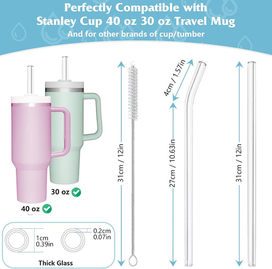 AOTWAN Glass Straws for Stanley 8pcs 40/30 oz Tumbler,12inch Replacement Straw for Stanley 4 Straight and 4 Bent with 2 Brushesh,Reusable Glass Straws for Stanley Cup