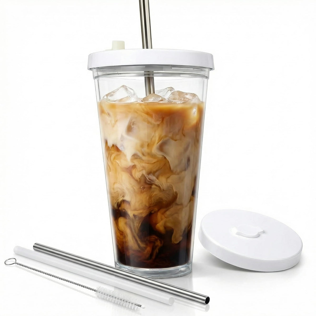 Reusable Iced Coffee Cup with Lid and Straw, 24 oz/Venti, BPA-Free Double-Wall Insulated Plastic Tumbler for Cold Drinks, Includes Clear Plastic Straw, Stainless Steel Straw and Cleaning Brush, White