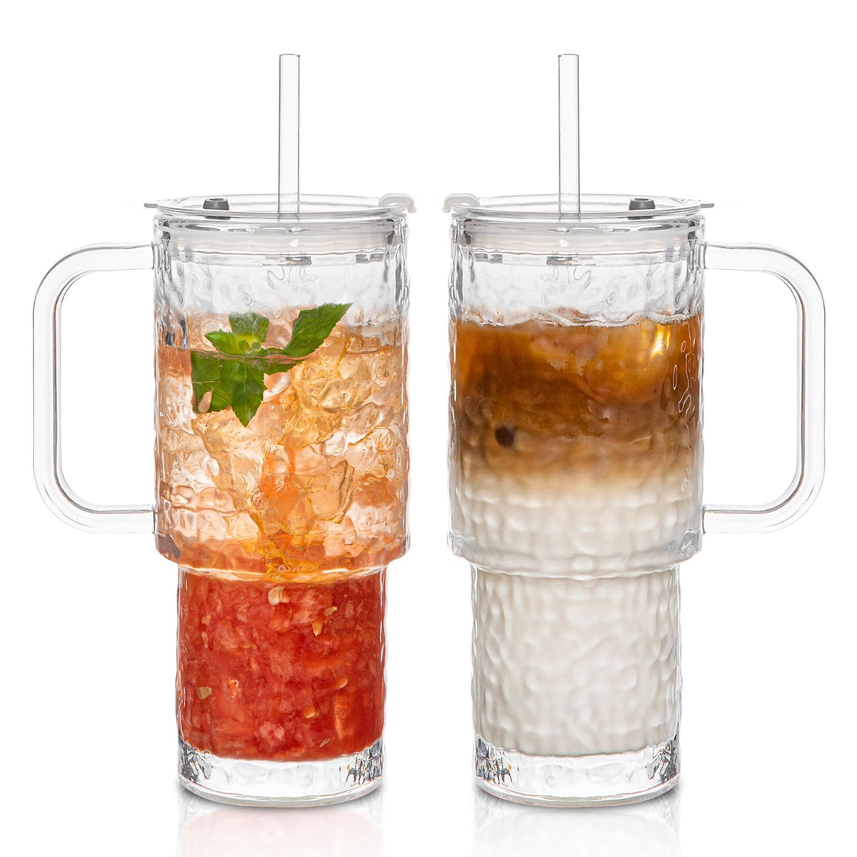 SoulTimes 24oz Ribbed Glass Tumbler with Handle and Bamboo Lid, Set of 2 Glass Cups with Lids and Straws for Coffee, Tea, Juice and Smoothies, Reusable Iced Coffee Cups Includes 2 Sealed Plastic Lids