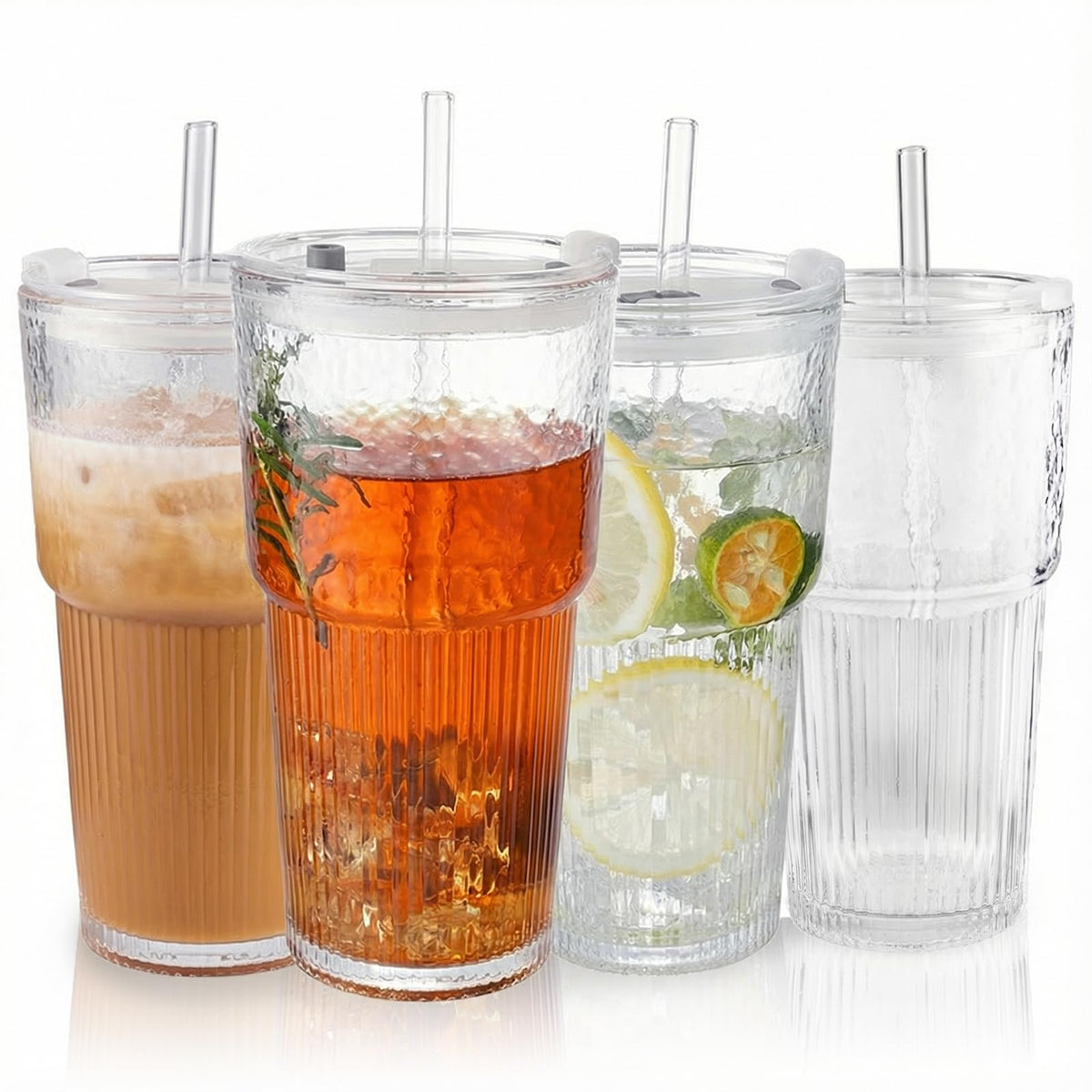 20oz Glass Cups with Lids and Straws: Iced Coffee Tumbler with Lids, Reusable Thick Drinking Ribbed to Go Glasses Matcha Cup for Juice, Smoothies, Cold Beverages with Clean Brush,2 PCS