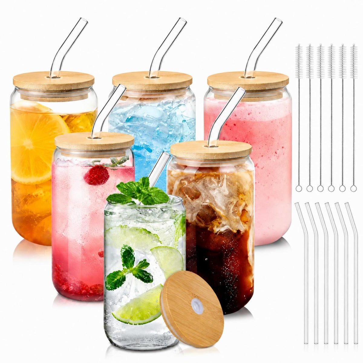 Glass Cups with Lids and Straws 1 Pack, 16 oz Glass Coffee Cup with Bamboo Lid, Glass Straw and Cleaning Brush, Iced Coffee Cup for Matcha, Soda, Tea and Daily Drinks
