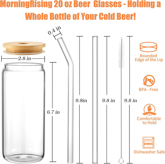12PCS 20oz Glass Cups with Lids and Straws, 2 Cleaning Brushe