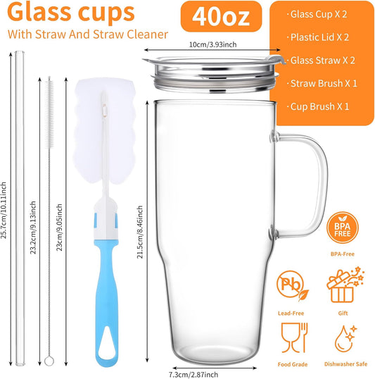 Birity 2Pack 40OZ Glass Tumbler with Handle,Glass Cup with Lid and Straw,Reusable Glass Iced Coffee Cup for Beer, Smoothies, Juice,Hot/Cold Drinks-Suitable for Birthday,Wedding