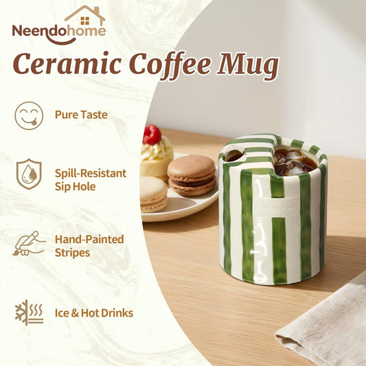 10 oz Ceramic Coffee Mug with Sip Hole & Silicone Sleeve, Green