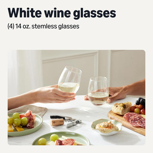 Amazon Basics Stemless White Wine Glasses Set Of 4, 14 Oz Clear Glass, Classic Design for Everyday Dining, Weddings & Parties, Dishwasher-Safe
