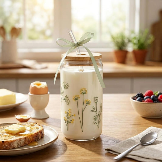 Floral Gifts for Women, Flower Glass Cup with Lid and Straw
