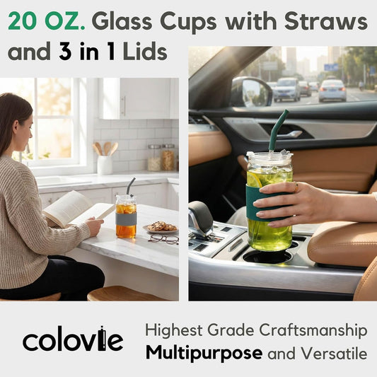ColoVie Glass Cups with Lids and Straws, Iced Coffee Cup, Drinking Glasses