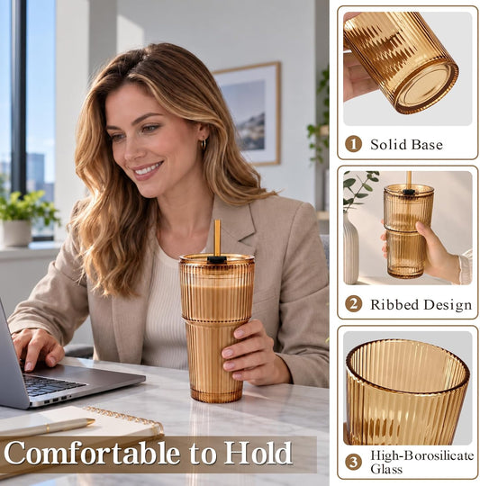 Glass Cups with Lids and Straws, Iced Coffee Glass Tumbler