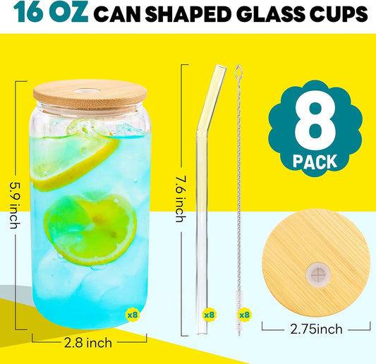 Joyclub 8pcs 16Oz Glass Cups with Bamboo Lids and Straws Drinking Glasses