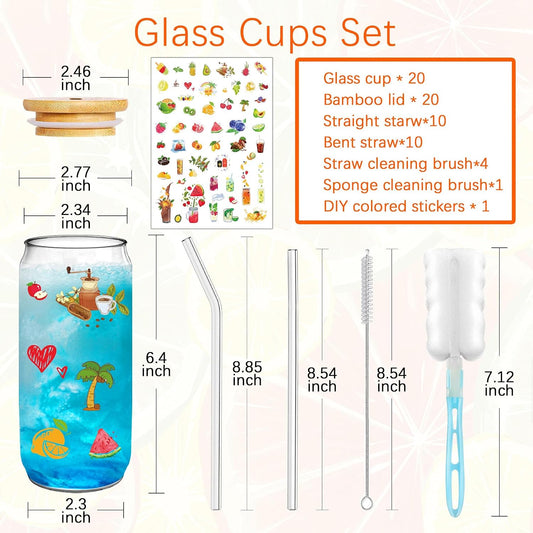 PeacePeo 16 OZ Glass Cups with Lids and Straws 20 Pack
