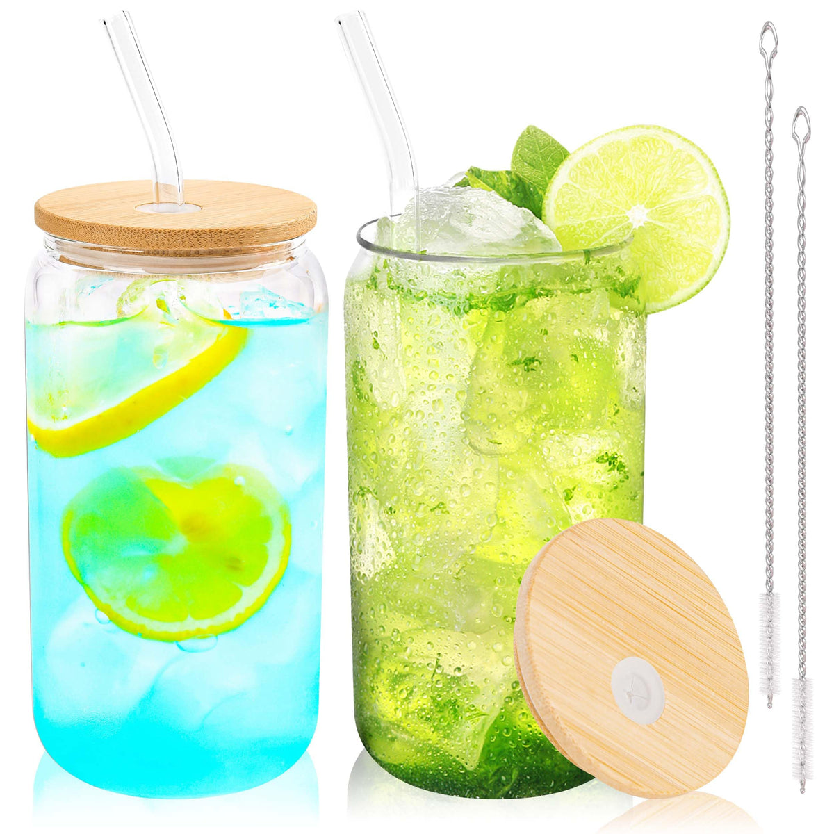 Joyclub 8pcs 16Oz Glass Cups with Bamboo Lids and Straws Drinking Glasses
