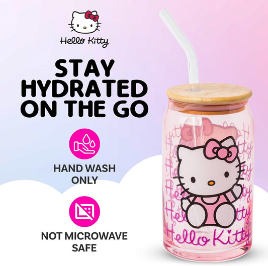Silver Buffalo Sanrio Hello Kitty Waving Design Print, Glass Tumbler, 16oz