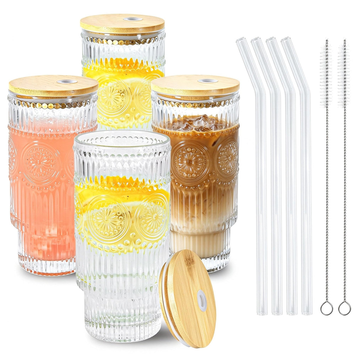 Hobnail Glass Cups with Lids and Straws 16 oz Drinking Glasses