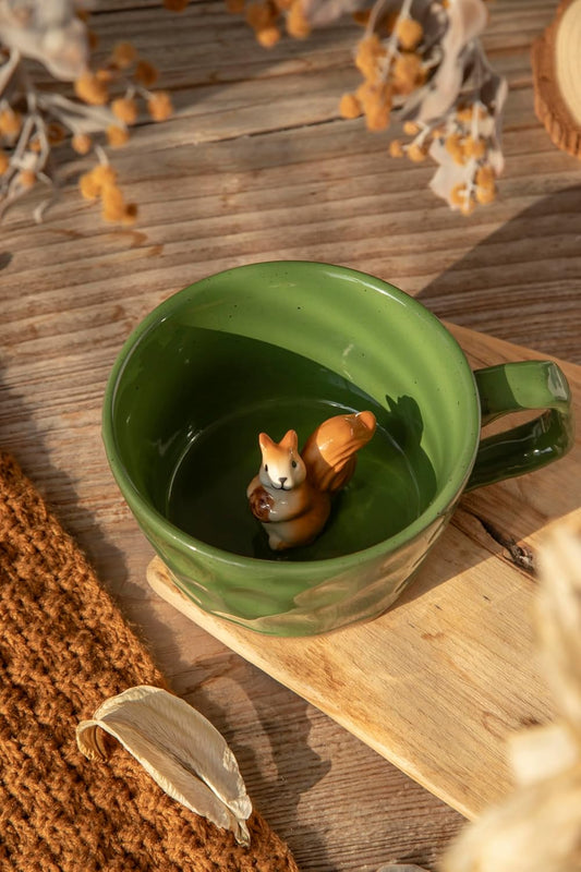 DIHOclub Farmhouse Ceramic Coffee Mug with Squirrel Figurine – Rustic Stoneware Cup, Matte Finish, Ideal for Breakfast & Home Decor (Green Squirrel)