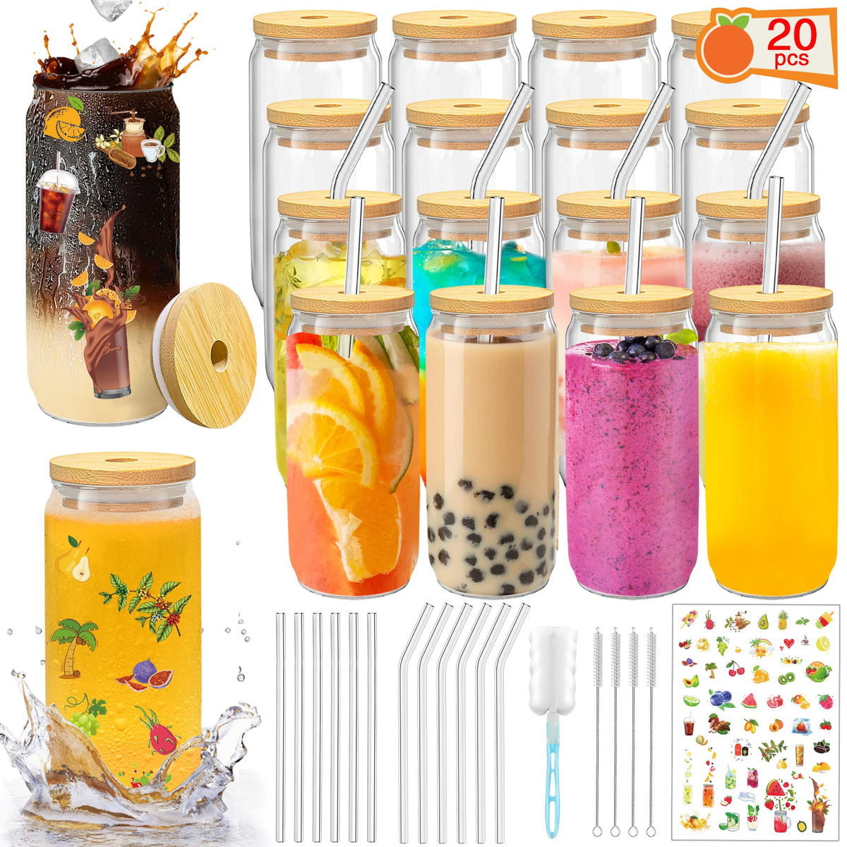 PeacePeo 16 OZ Glass Cups with Lids and Straws 20 Pack