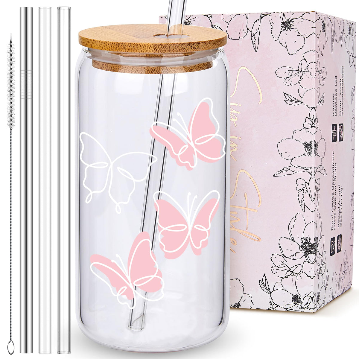 Coquette Cute Pink Bow Glass Cups with Lids and Straws, Aesthetic Iced Coffee Matcha Cup, Girly Preppy Design Tumbler Mug, Valentines Christmas Birthday Gifts for Women, Teen Girl Gifts Trendy Stuff