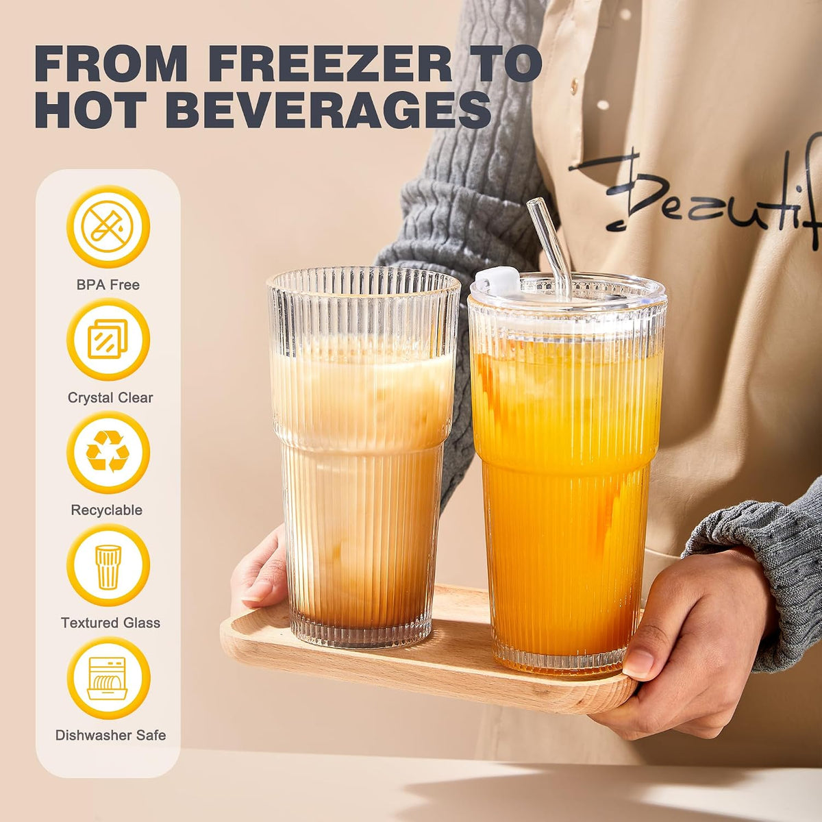 Wells 20oz Glass Cups with Lids and Straws, Ribbed Iced Coffee Cups, Thickened Drinking Glass Tumbler, Ideal for Coffee, Smoothies, Cocktails, and Juices, Clear, Set of 4