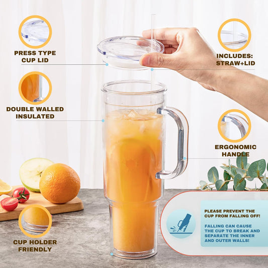 MEWAY 40 oz Acrylic Tumbler with Handle and Straw Lid,Double Wall Vacuum Reusable plastic Water Bottle Travel Mug Cup,Classic Tumblers Cupholder Friendly (2 Pack)