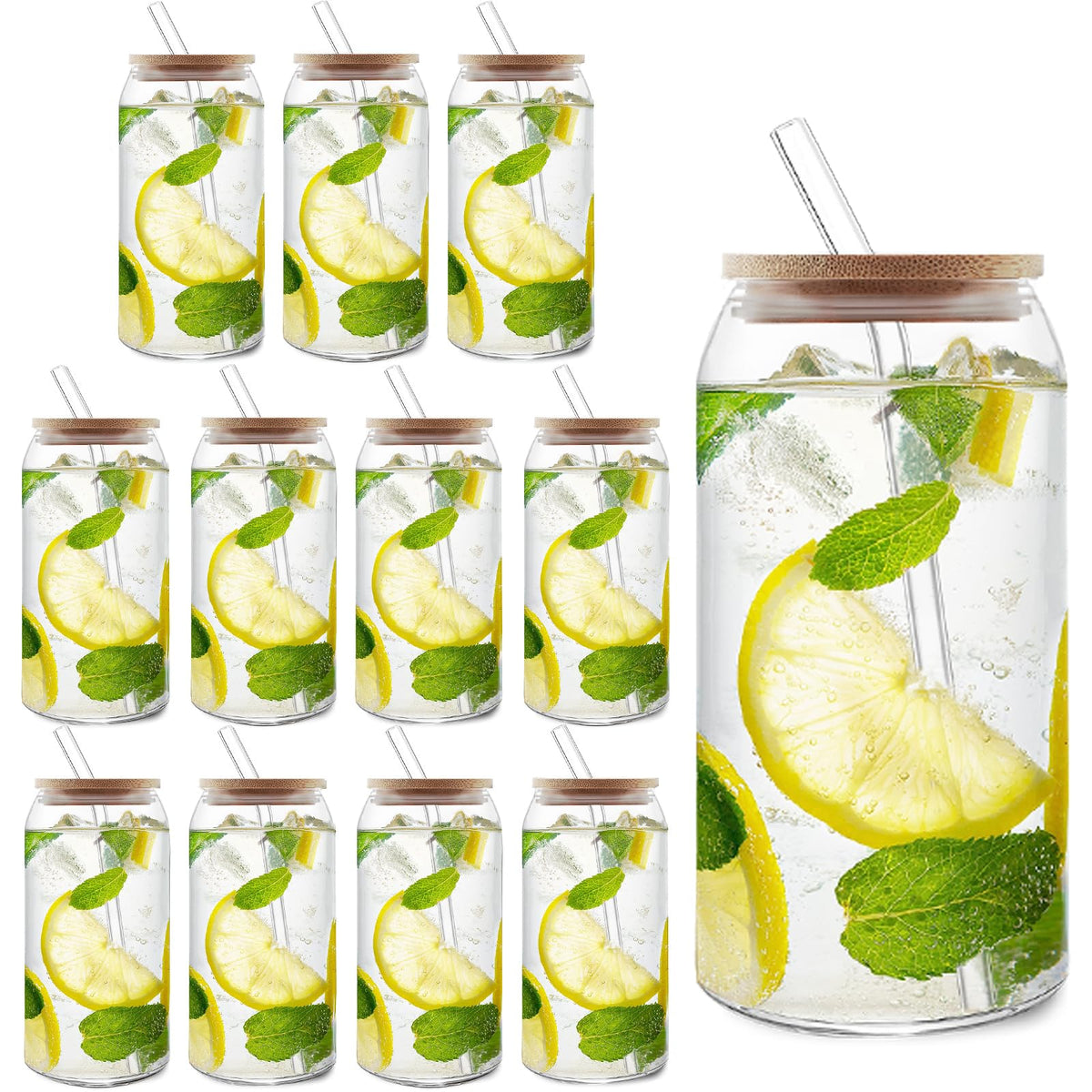 8pcs 20oz Glass Cups with Bamboo Lids and Straws,Iced Coffee Cups with Lids