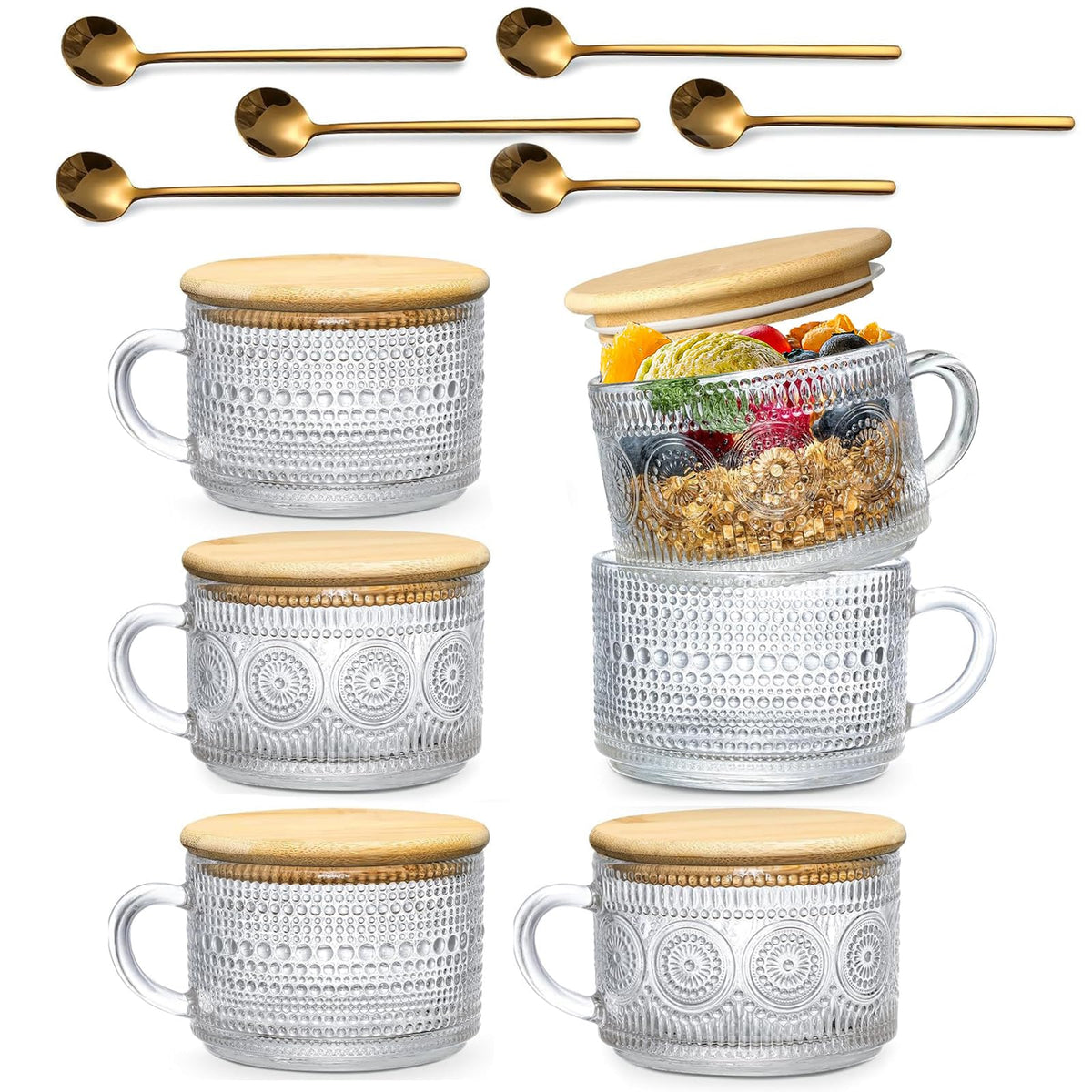 DOPUDO Vintage Glass Coffee Mugs, Overnight Oats Containers With Lids,Glass Cup With Sealed Lid and Spoon,Glass Coffee Mugs, Coffee Bar Accessories, Ideal for Cappuccino, Latte(2-Pack,14oz)
