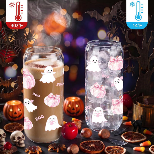 Joeyan Pink Halloween Glass Cups, Glass Tumbler with Lids and Straws, Cute Ghost Pumpkin Iced Coffee Cup, Reusable Soda Can Shaped Smoothie Drinking Glass, Halloween Gifts for Women, 20 oz