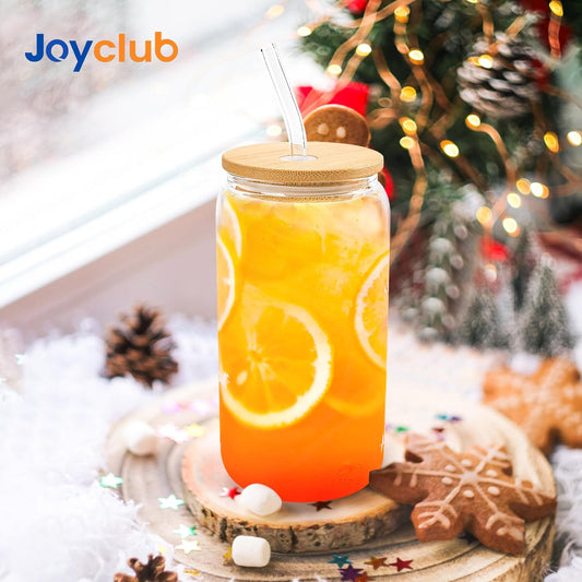 Joyclub 12Pcs Glass Cups with Bamboo Lids and Straws Bulk 16 oz Can Shaped