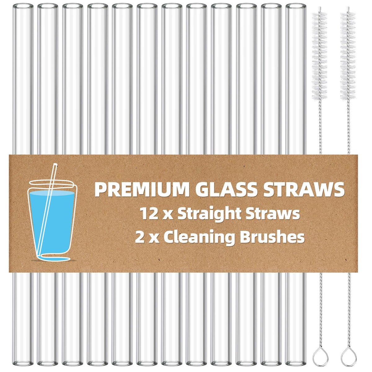 Antner 12 Pack Reusable Glass Straw, 8.5" x 10MM Bent Clear Glass Drinking Straws for Hot & Cold Drinks, 2 Cleaning Brushes Included