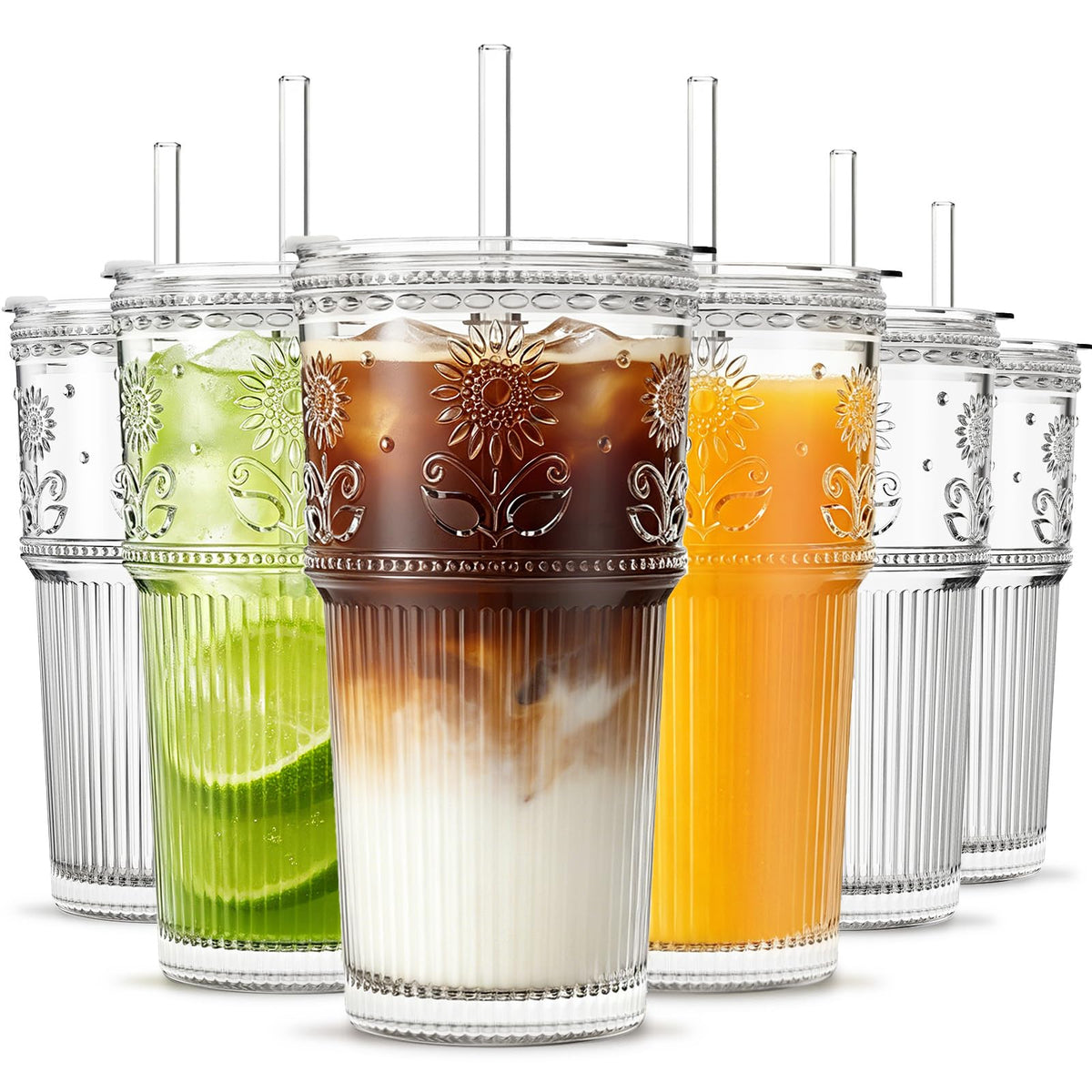 INSETLAN 20 oz Iced Coffee Cups with Lids and Straw, Set of 4 Glass Tumbler