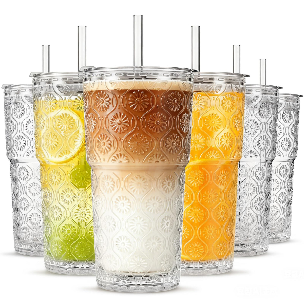 INSETLAN 20 oz Iced Coffee Cups with Lids and Straw, Set of 4 Glass Tumbler