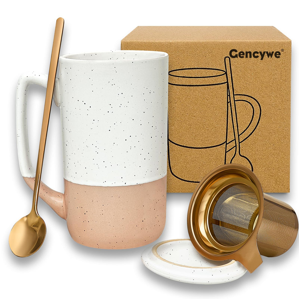 Gencywe Ceramics Large Tea Cup with Loose Leaf Infuser, Spoon and Lid, 16 oz Tall Coffee Mug, Microwave and Dishwasher Safe, Rustic Matte Ceramic Glaze, Tea Strainer, Amber