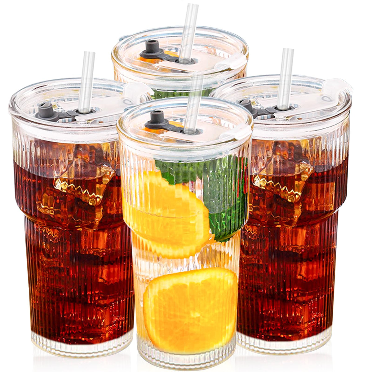 20oz Glass Tumblers with Lid and Straw, Ribbed Glass Iced Coffee Cup with Lid, Wide Mouth Thickened Vintage Glass Cup, Drinking Glasses Tumbler for Smoothieds, Cocktails, and Juices