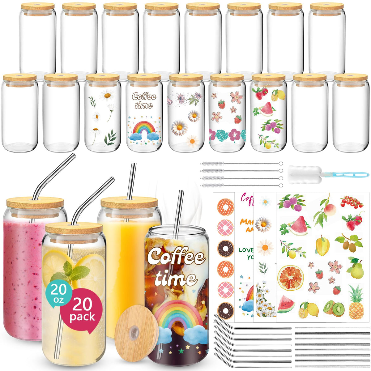 BGraceyy 16 oz 20-Pack Glass Cups with Lids and Straws + DIY Stickers, Reusable Tumblers Beer Can Drinking Glasses with Bamboo Lids and Straws, Cute Glass Coffee Cups with Lids for Iced & Hot Drinks
