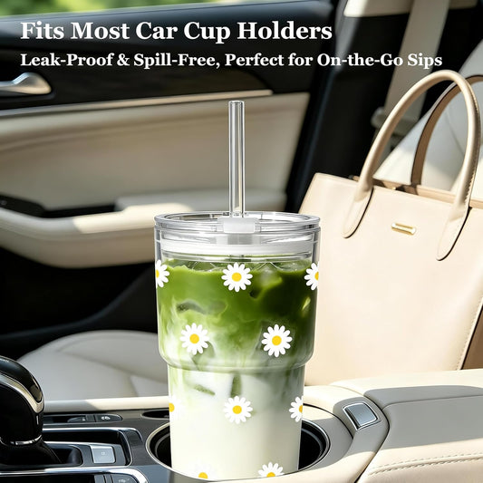 Cute Glass Cups with Lid and Straws, 20oz, Reusable Iced Coffee Cup Tumbler