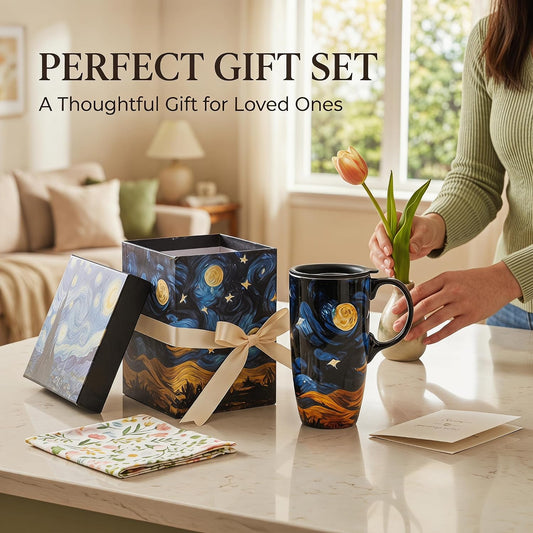 Topadorn 17oz Ceramic Travel Mug with Lid, Starry Night Inspired Coffee Mug