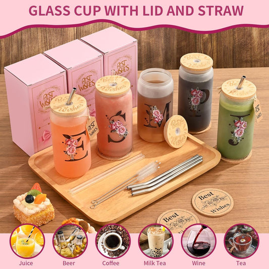 16oz Monogrammed Glass Tumbler, Frosted with Lid and Straw, Initial F
