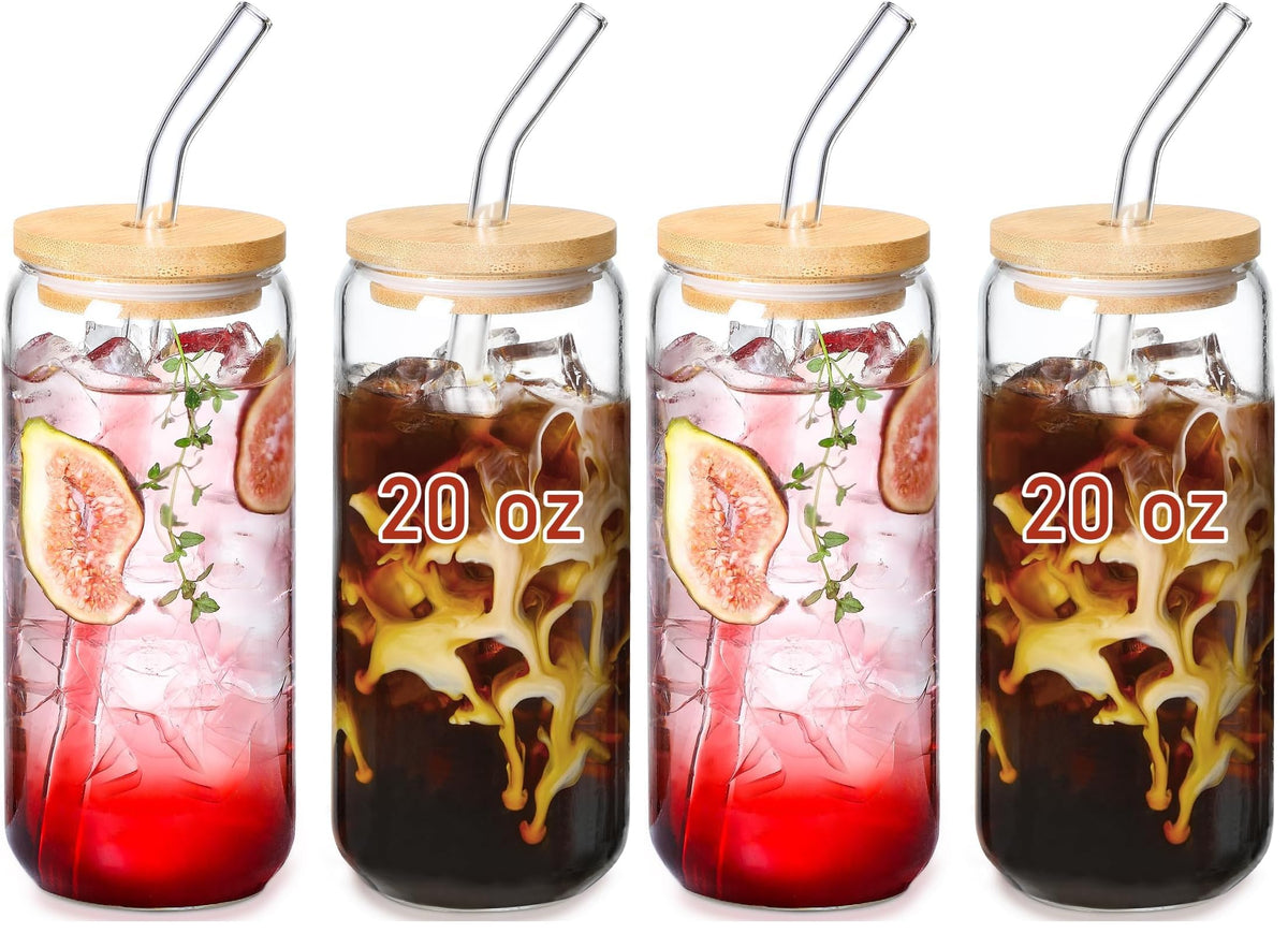 VITEVER 20 OZ Glass Cups with Bamboo Lids and Glass Straw - Beer Shaped Drinking Glasses Set, Iced Coffee Glasses, Cute Tumbler Cup, Aesthetic Coffee Bar Accessories, Gift - 2 Pack
