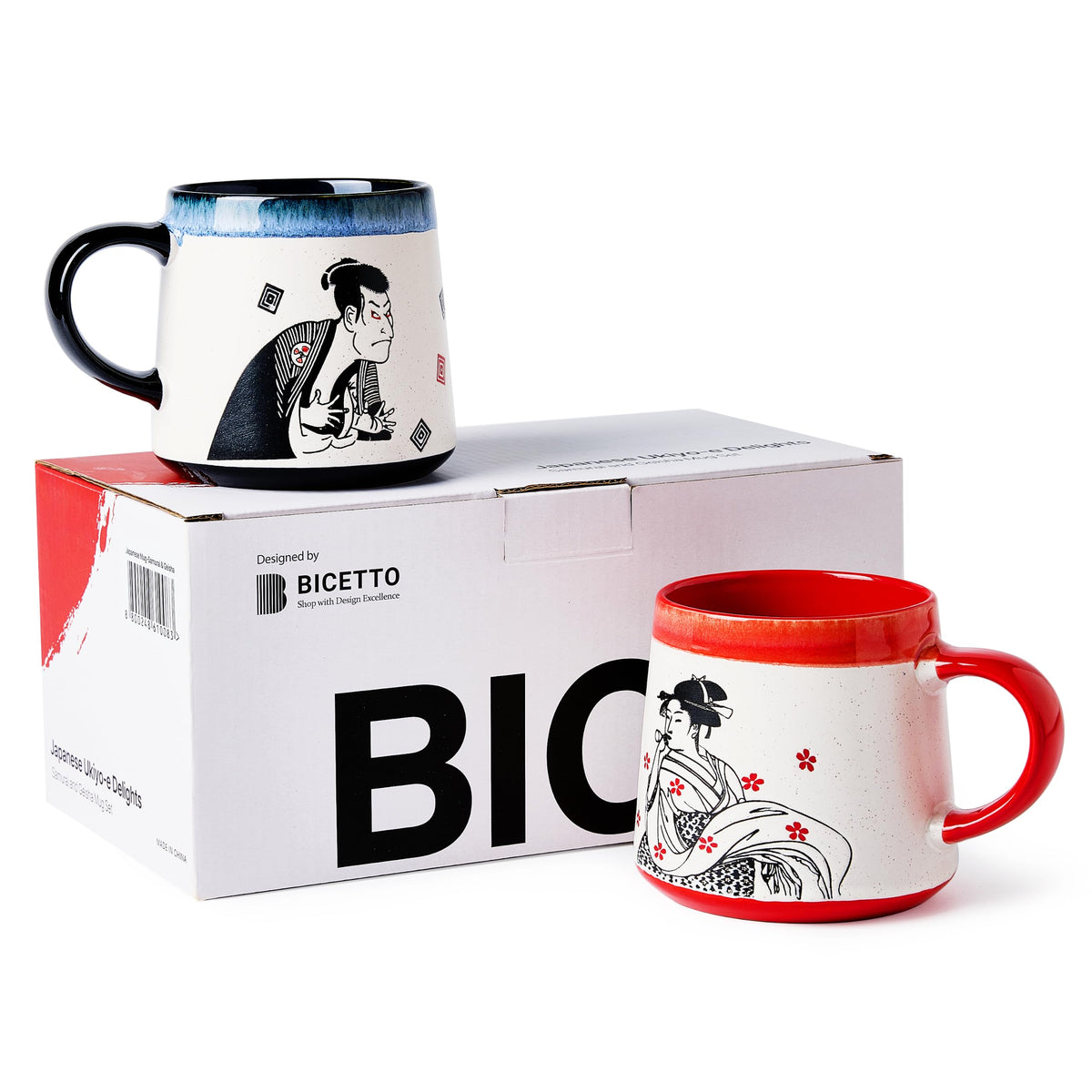 BICETTO Japanese Coffee Mug, Ukiyo-e Great Wave, Handmade 15oz Ceramic Cup