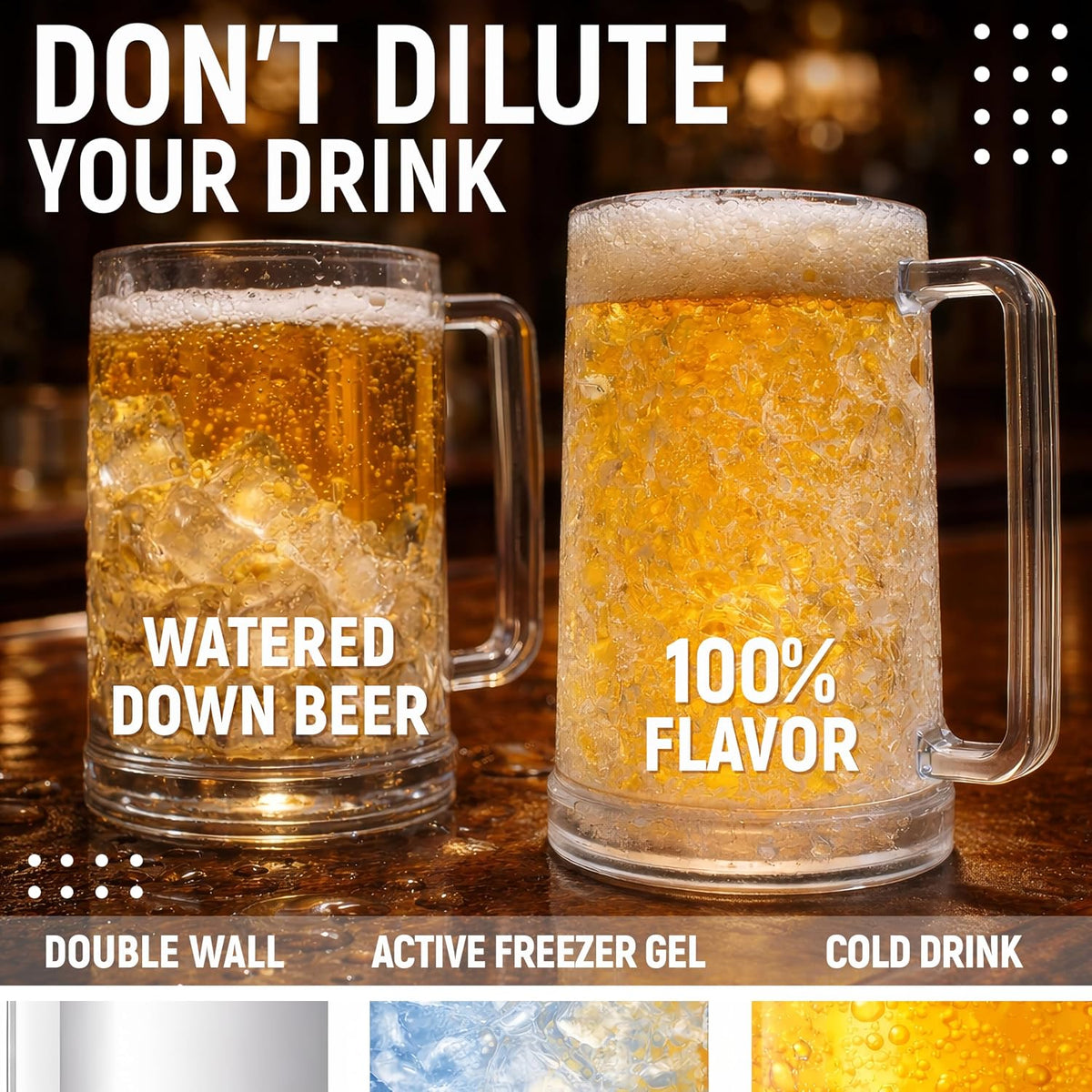 Granatan Freezer Beer Mugs, 16 oz Double-Wall Gel Cups, Clear, 4 Pack