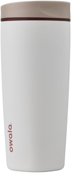 Owala SmoothSip Slider Insulated Stainless Steel Coffee Tumbler, Reusable Iced Coffee Cup, Hot Coffee Travel Mug, BPA Free 12 oz, Pink/Tan (Daybreak)