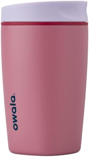 Owala SmoothSip Slider Insulated Stainless Steel Coffee Tumbler, Reusable Iced Coffee Cup, Hot Coffee Travel Mug, BPA Free 12 oz, Pink/Tan (Daybreak)