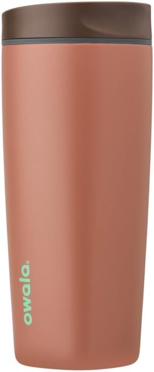 Owala SmoothSip Slider Insulated Stainless Steel Coffee Tumbler, Reusable Iced Coffee Cup, Hot Coffee Travel Mug, BPA Free 12 oz, Pink/Tan (Daybreak)