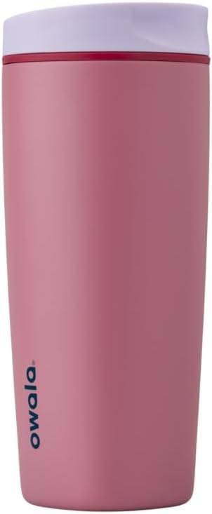 Owala SmoothSip Slider Insulated Stainless Steel Coffee Tumbler, Reusable Iced Coffee Cup, Hot Coffee Travel Mug, BPA Free 12 oz, Pink/Tan (Daybreak)