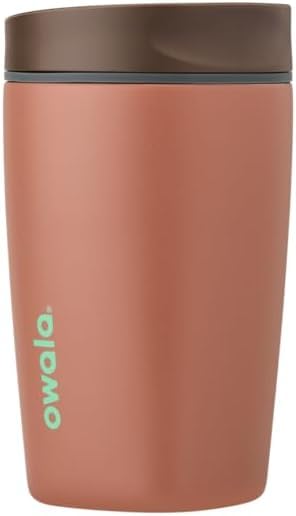 Owala SmoothSip Slider Insulated Stainless Steel Coffee Tumbler, Reusable Iced Coffee Cup, Hot Coffee Travel Mug, BPA Free 12 oz, Pink/Tan (Daybreak)