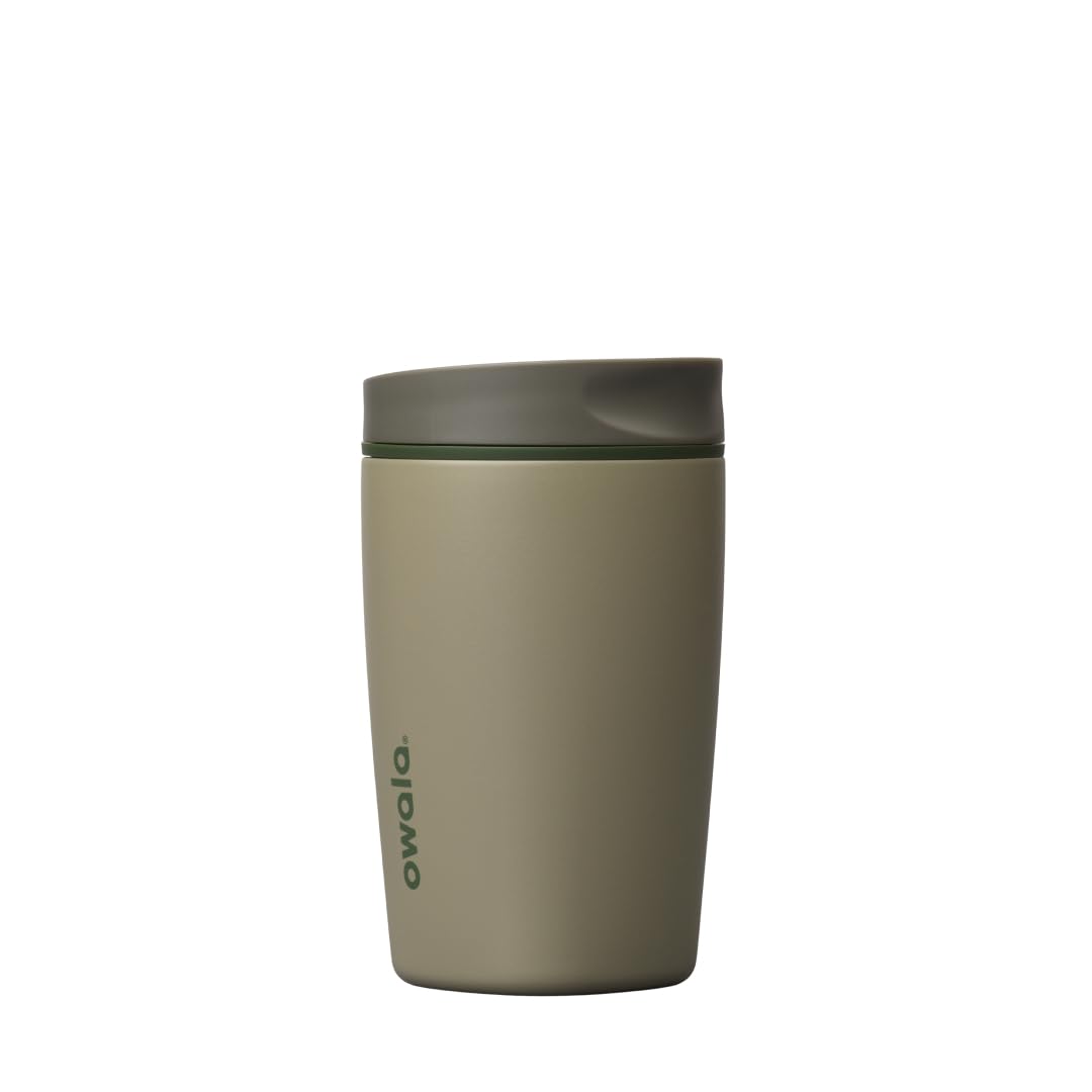 Owala SmoothSip Slider Insulated Stainless Steel Coffee Tumbler, Reusable Iced Coffee Cup, Hot Coffee Travel Mug, BPA Free 12 oz, Pink/Tan (Daybreak)