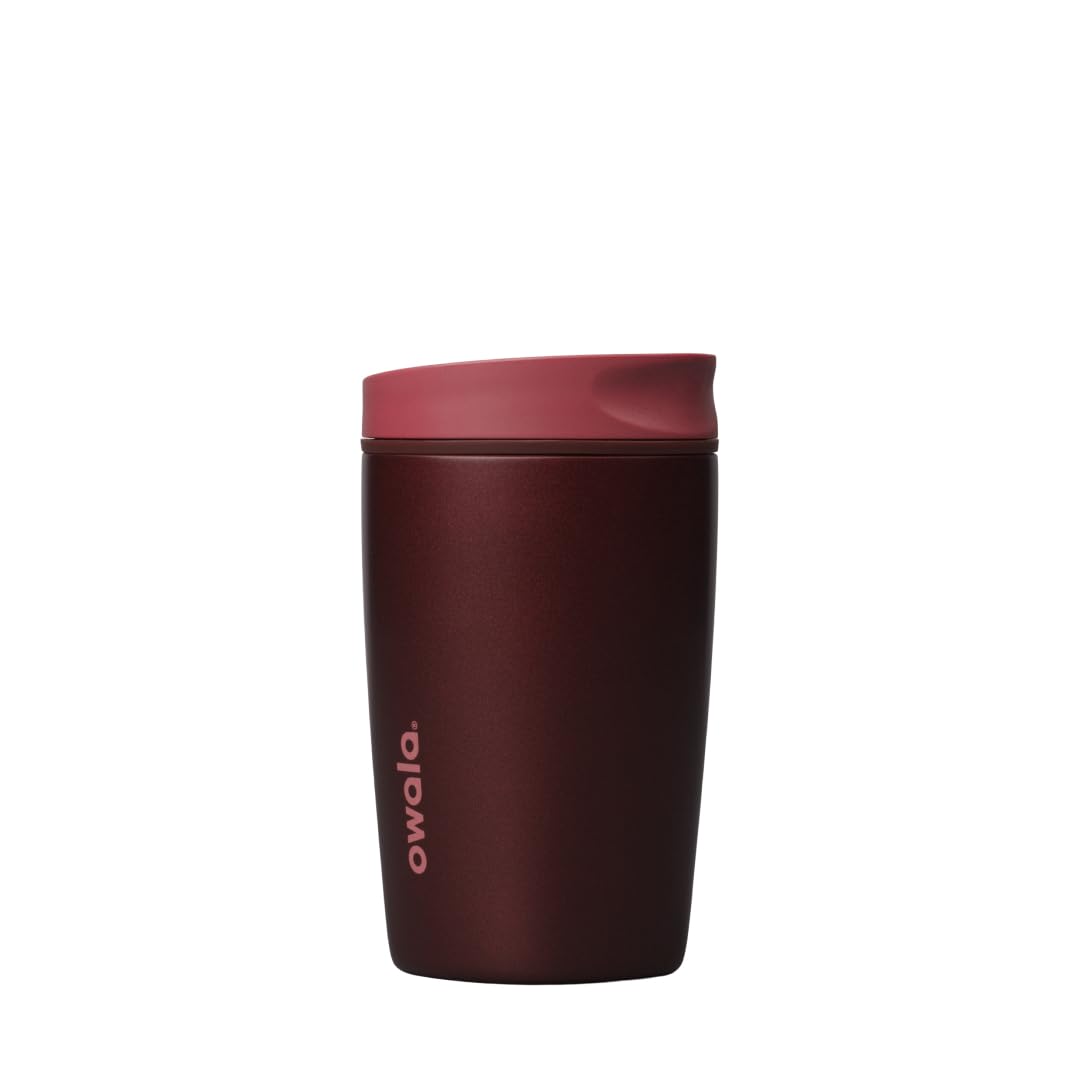 Owala SmoothSip Slider Insulated Stainless Steel Coffee Tumbler, Reusable Iced Coffee Cup, Hot Coffee Travel Mug, BPA Free 12 oz, Pink/Tan (Daybreak)